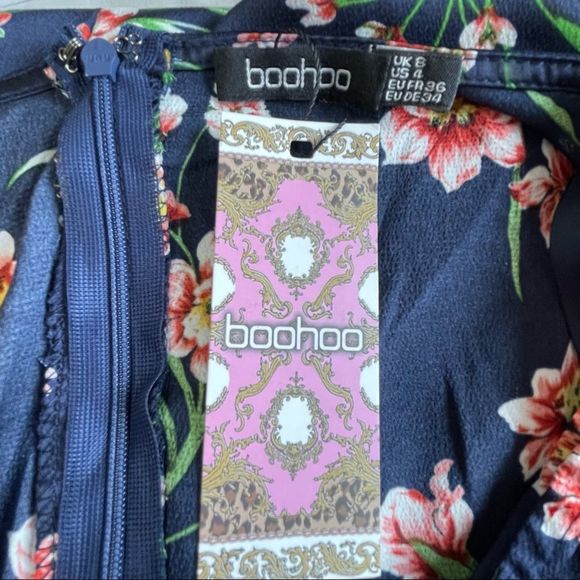 Boohoo Cap Sleeve Tie Waist Floral Hi-Lo Dress Navy Size 4 NWT - Picture 14 of 15